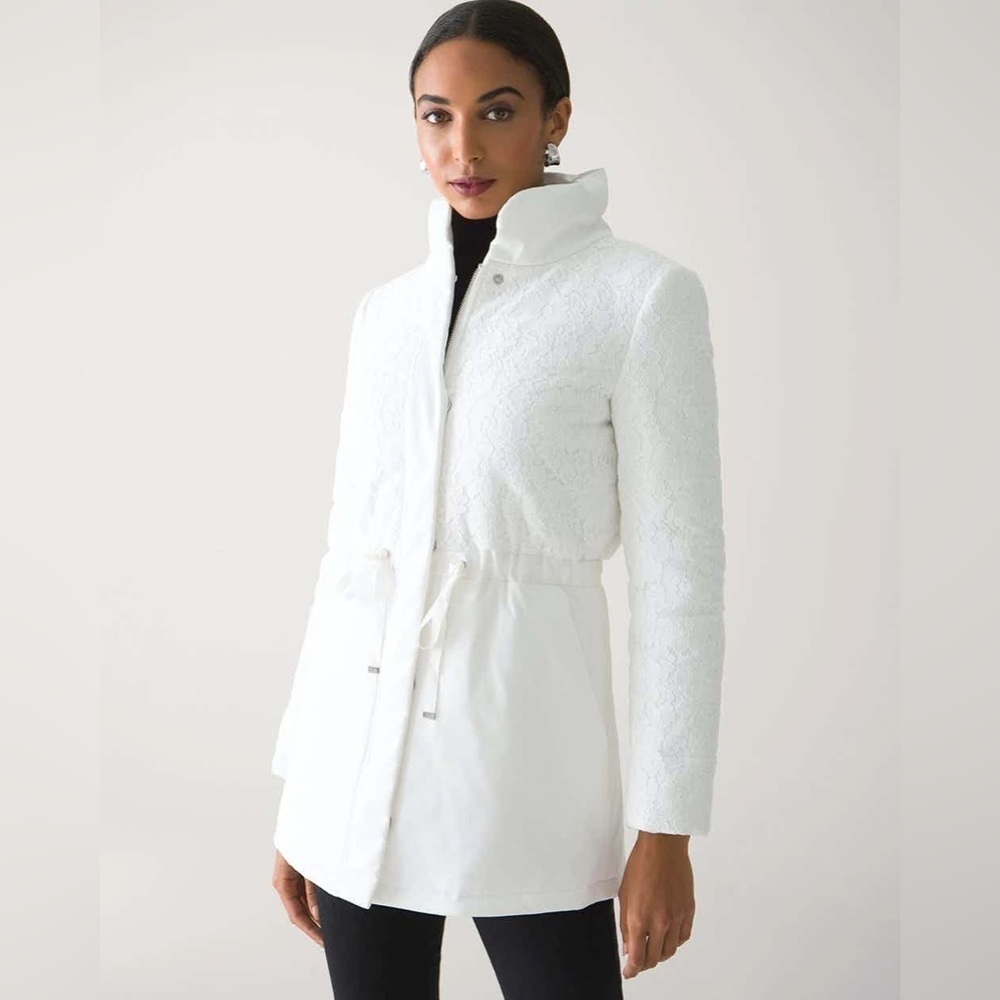 White House Black Market White Chevron Puffer Coat Petite XS Snap Zip Closure